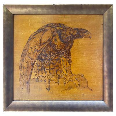 Travail Art Deco , Tableau Pyrogravé Représentant Un Aigle, Dans Un Cadre En Bois Argenté, 1930