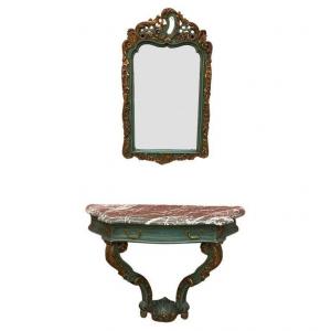 Console And Its Louis XV Style Mirror In Patinated Wood And Marble Circa 1930