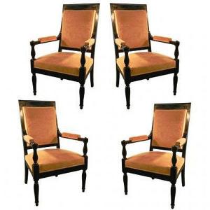 Suite Of 4 Elegant Neoclassical Armchairs 1940 In Lacquer And Alcantara Wood, Arbus Style