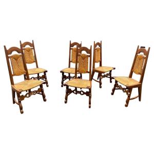 6 Chaises Neo Rustiques Circa 1950/1960