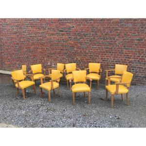 10 Fauteuils Bridges Art Deco Recouvert De Cuir Jaune , Bon état