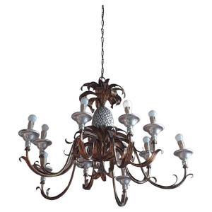 Large Pineapple Chandelier In Metal And Lacquered Wood Illuminating 10 Lights Circa 1970