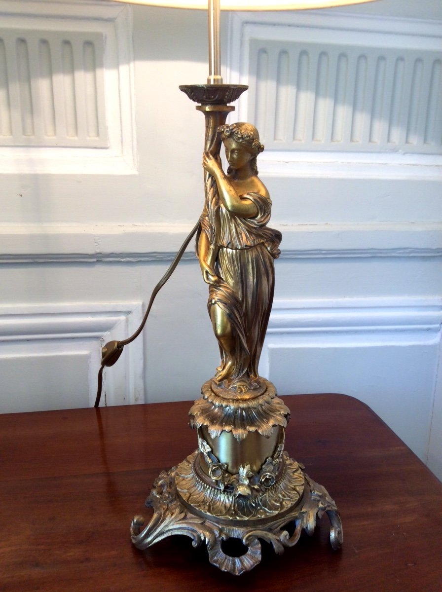 Paire De Lampes En Bronze Doré « femmes à L’antique »-photo-3