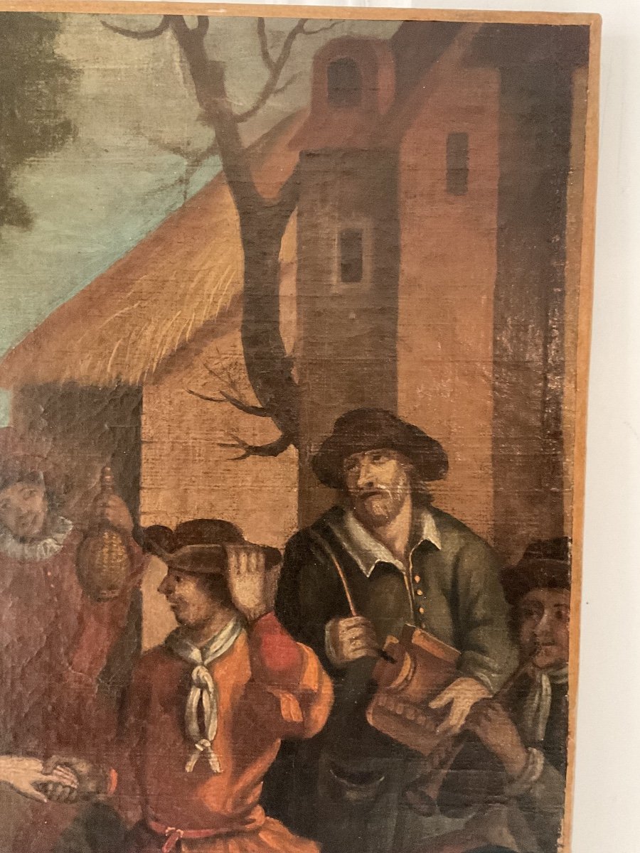 Grande Huile Sur Toile : école Flamande Du XIXe Siècle : « scène De Danse De Village »-photo-3