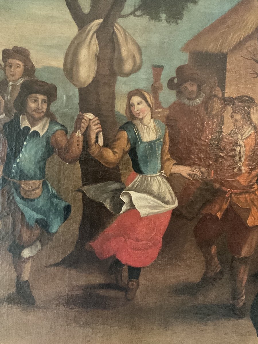 Grande Huile Sur Toile : école Flamande Du XIXe Siècle : « scène De Danse De Village »-photo-2