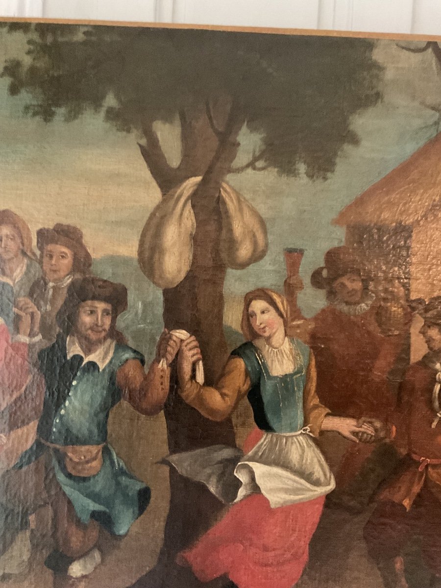 Grande Huile Sur Toile : école Flamande Du XIXe Siècle : « scène De Danse De Village »-photo-3