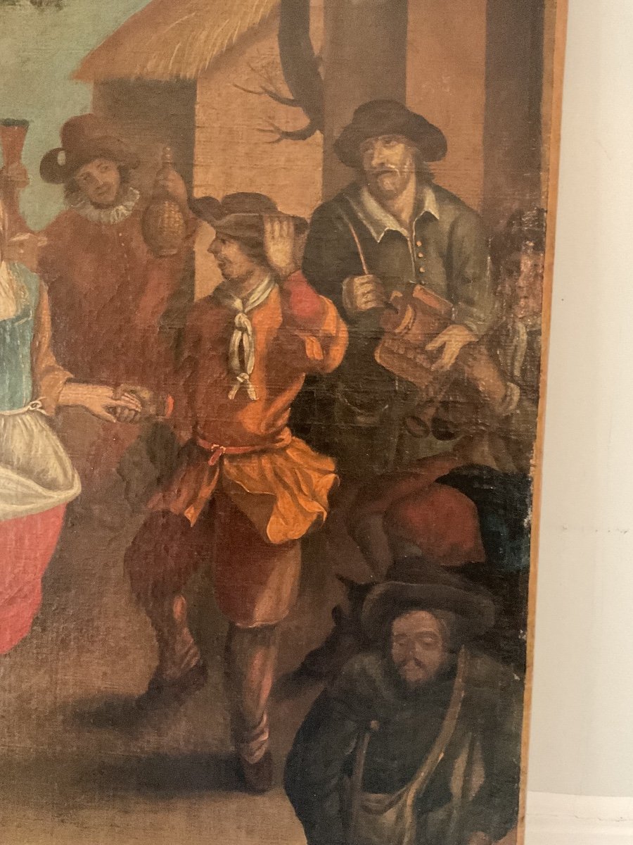 Grande Huile Sur Toile : école Flamande Du XIXe Siècle : « scène De Danse De Village »-photo-6