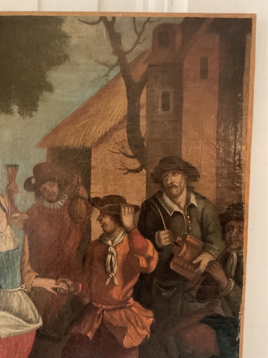 Grande Huile Sur Toile : école Flamande Du XIXe Siècle : « scène De Danse De Village »-photo-7