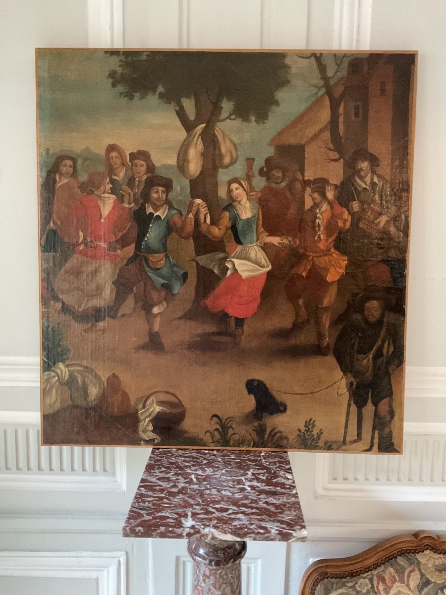 Large Oil On Canvas: Flemish School Of The 19th Century: “village Dance Scene”