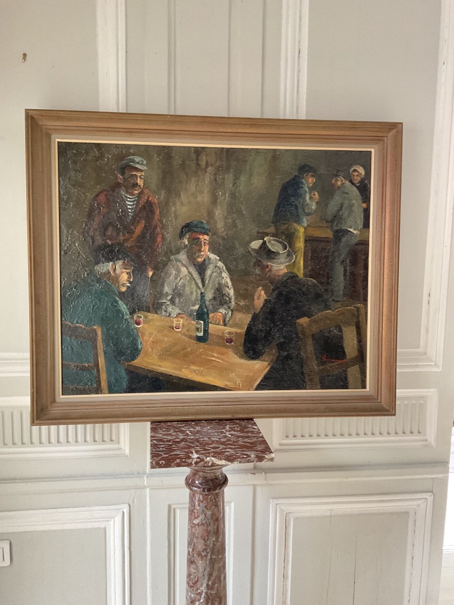 Large Oil On Canvas: “the Wine Drinkers” By Guy Pennamen -photo-2