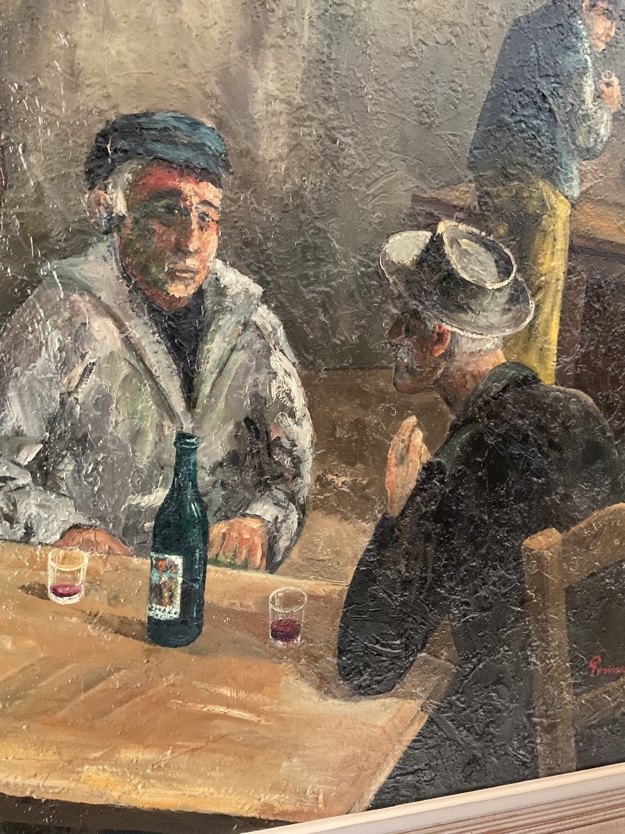 Large Oil On Canvas: “the Wine Drinkers” By Guy Pennamen -photo-1