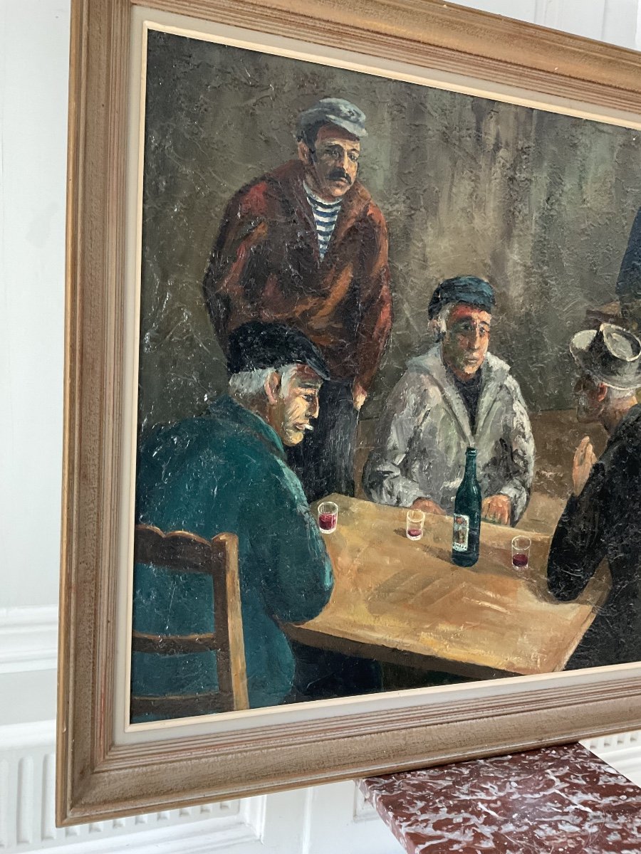 Large Oil On Canvas: “the Wine Drinkers” By Guy Pennamen -photo-3