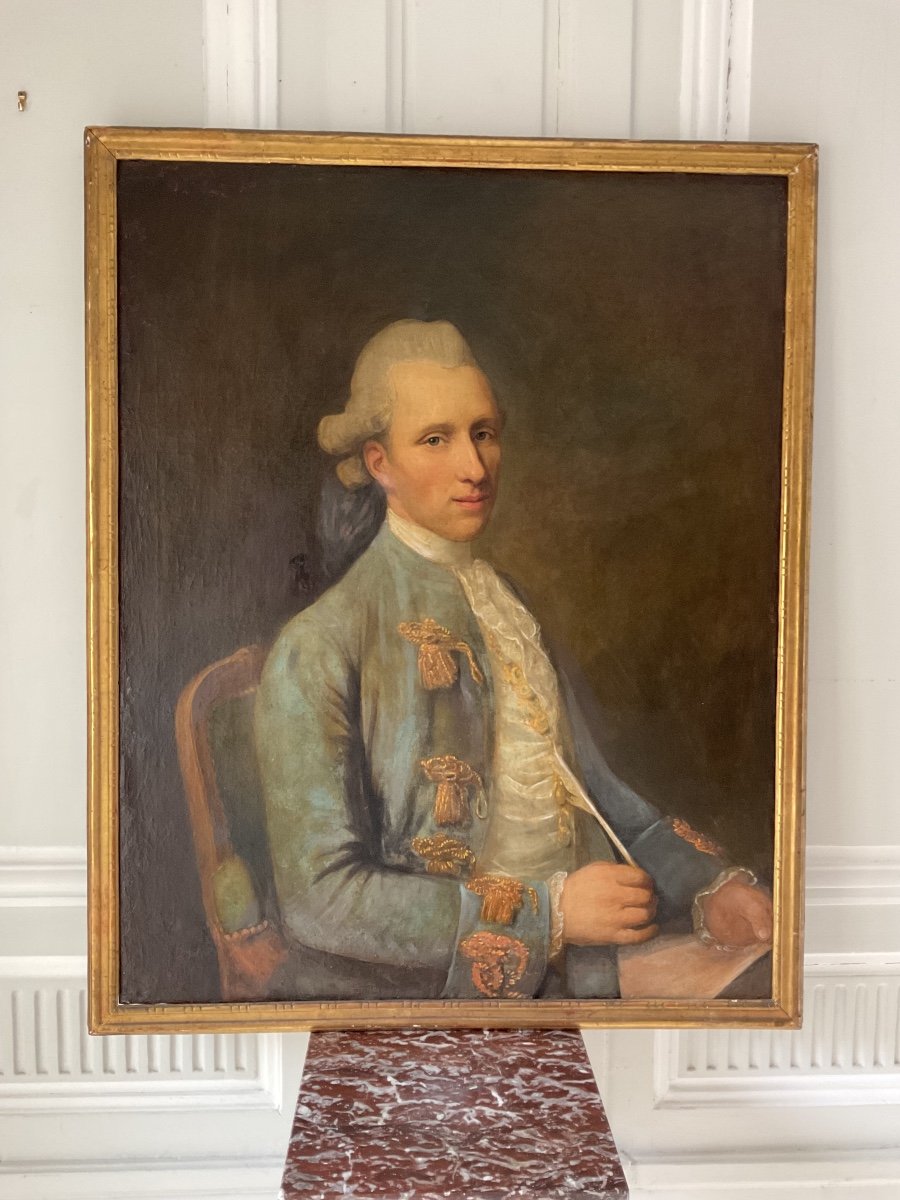 école Française Du XVIIIe Siècle Portrait D’homme à La Plume . Huile Sur Toile.-photo-3