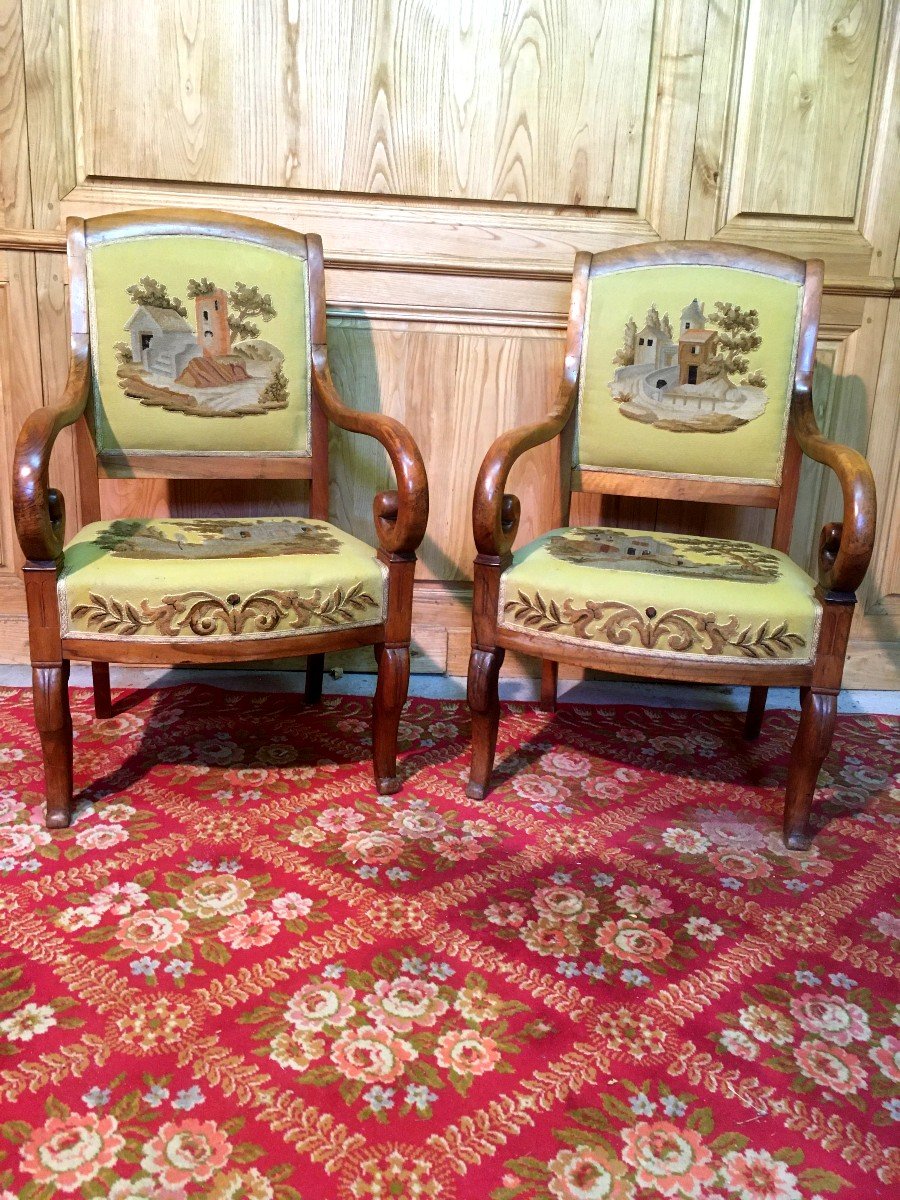 Pair Of Natural Wood Lacrosse Armchairs, Small Dots Tapestry