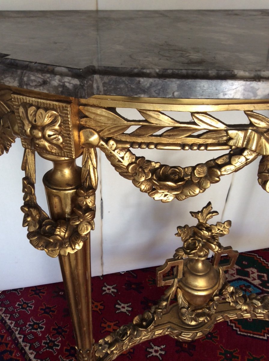 Elegant Louis XVI Half-moon Console In Golden Wood Marble Top-photo-3