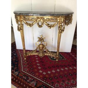 Élégante Console Demi-lune Louis XVI En Bois Doré Plateau marbre 