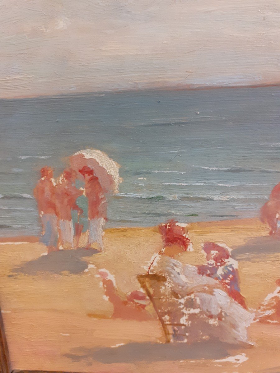 Gustave Poetzsch (1870-1950) - Huile Sur Panneau - Scène De Plage à Deauville-photo-3