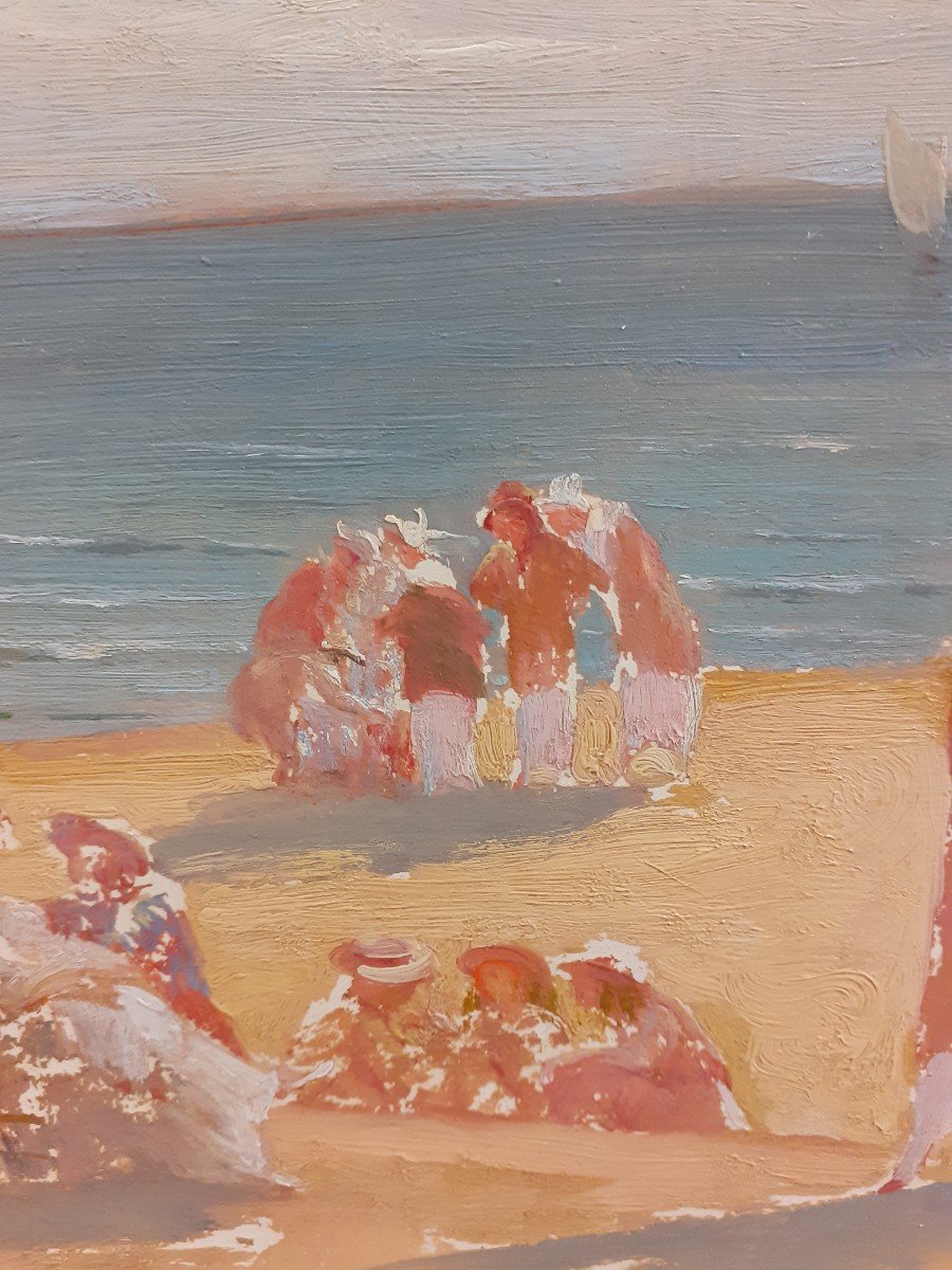 Gustave Poetzsch (1870-1950) - Huile Sur Panneau - Scène De Plage à Deauville-photo-4