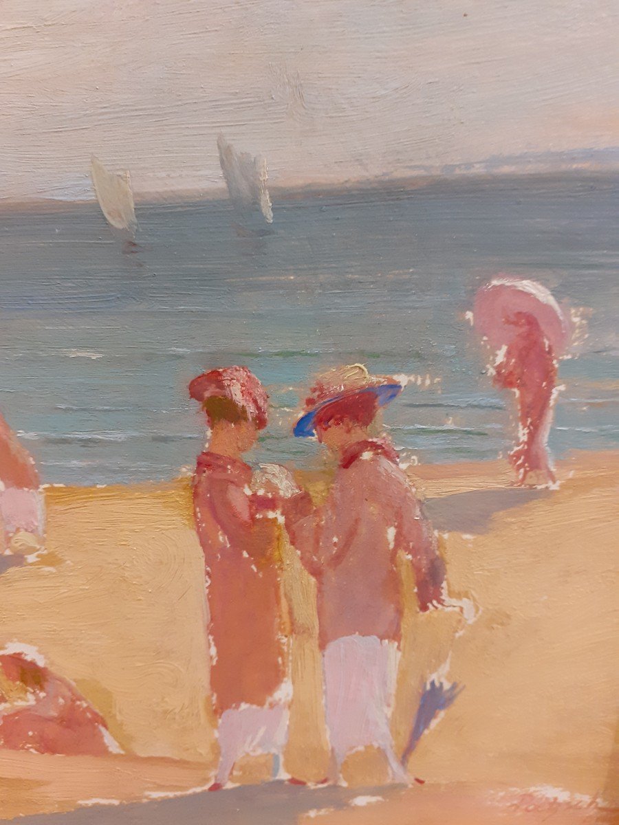 Gustave Poetzsch (1870-1950) - Huile Sur Panneau - Scène De Plage à Deauville-photo-6