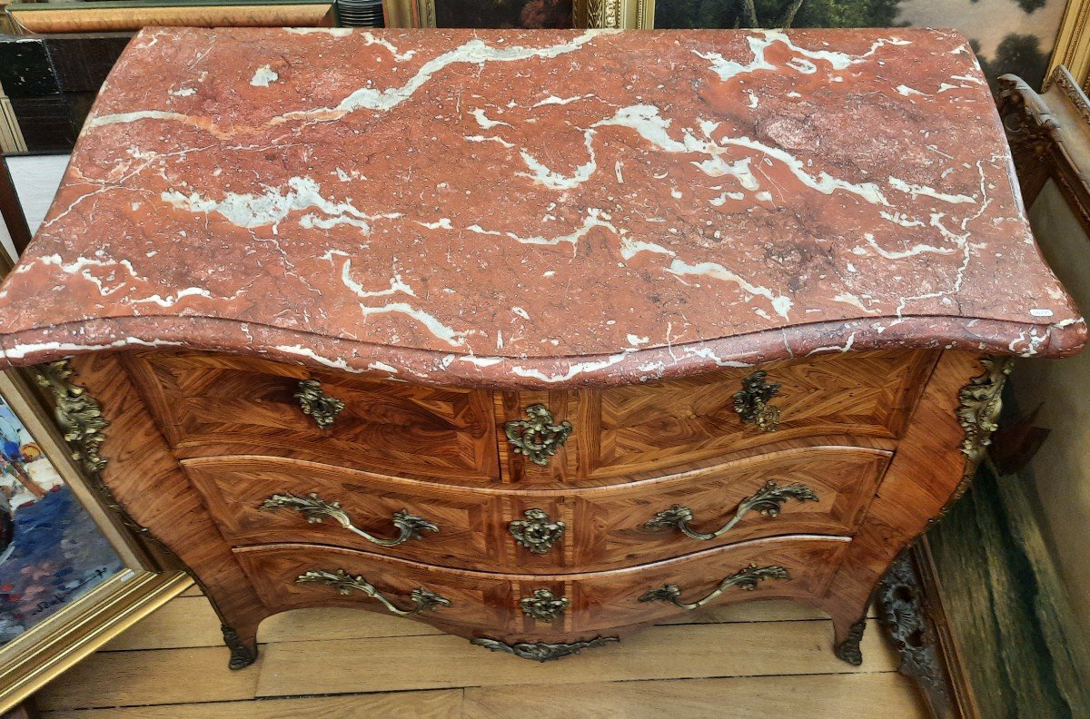 Commode en  marqueterie de palissandre époque  Louis XV (XVIIIe siècle) dessus marbre-photo-3