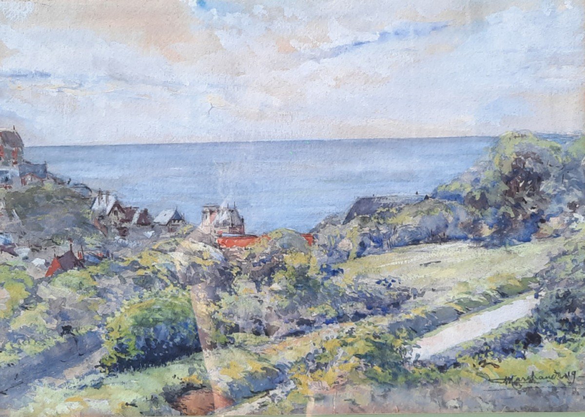 Aquarelle Sur Papier - Paysage Houlgate - Marchand (xxe Siècle)