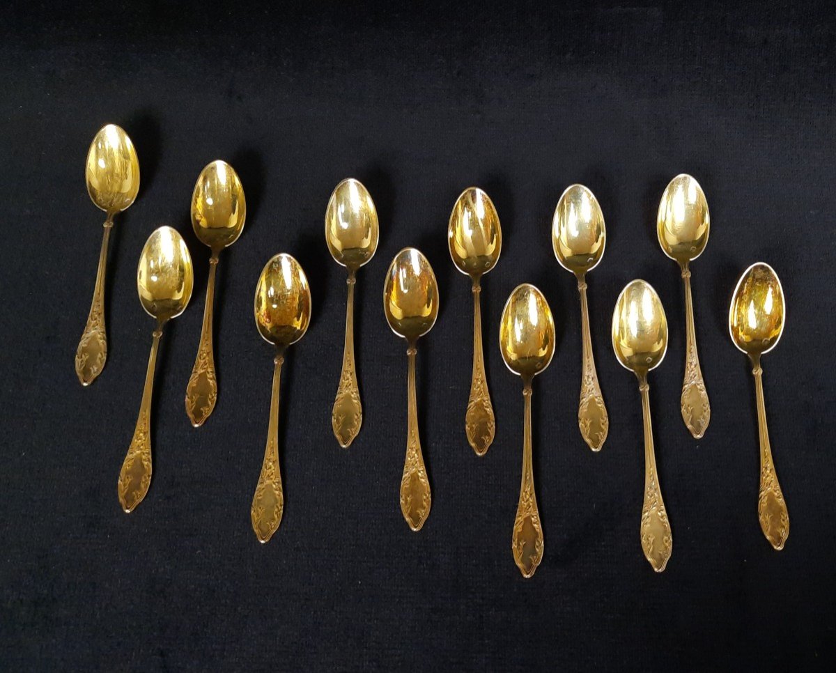 Series Of Twelve Silver Vermeillé Minerva Spoons (19th Century)