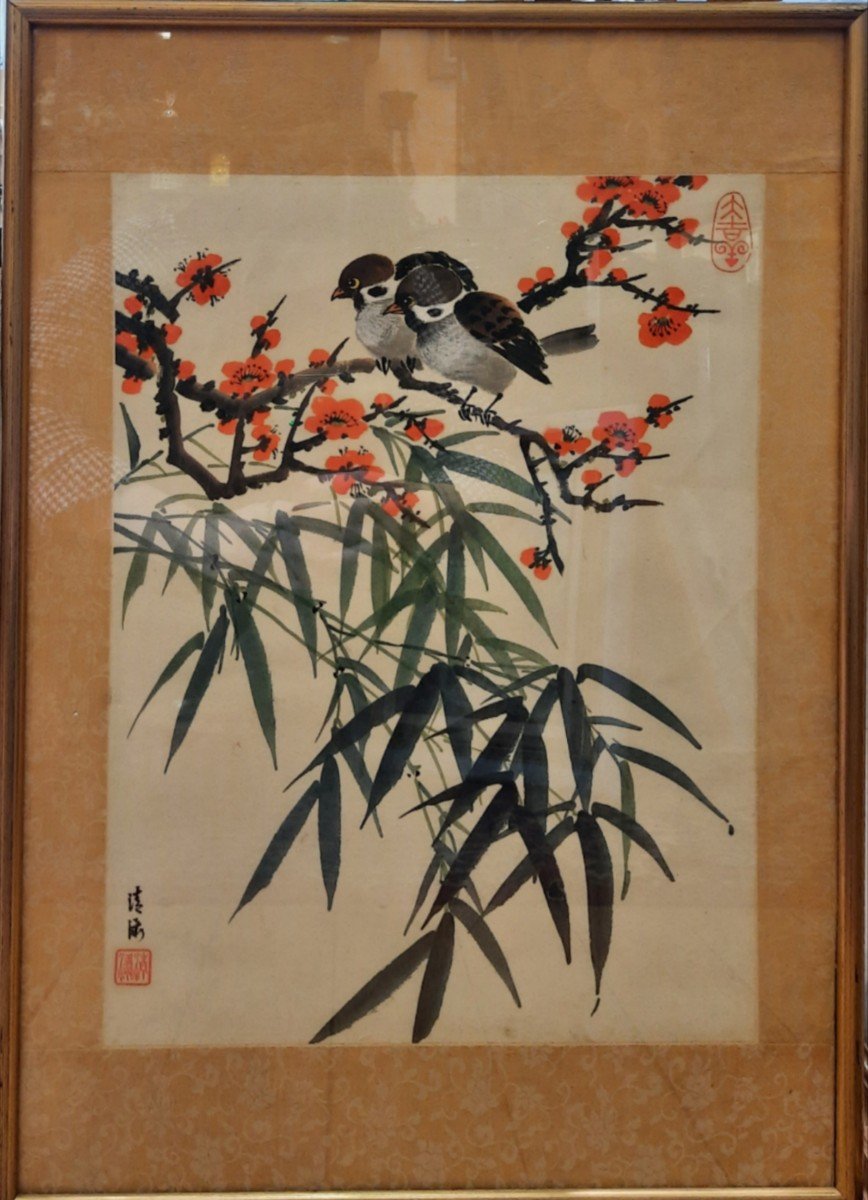 Ink Drawing On Paper - Little Bird (asia - 20th Century)-photo-3