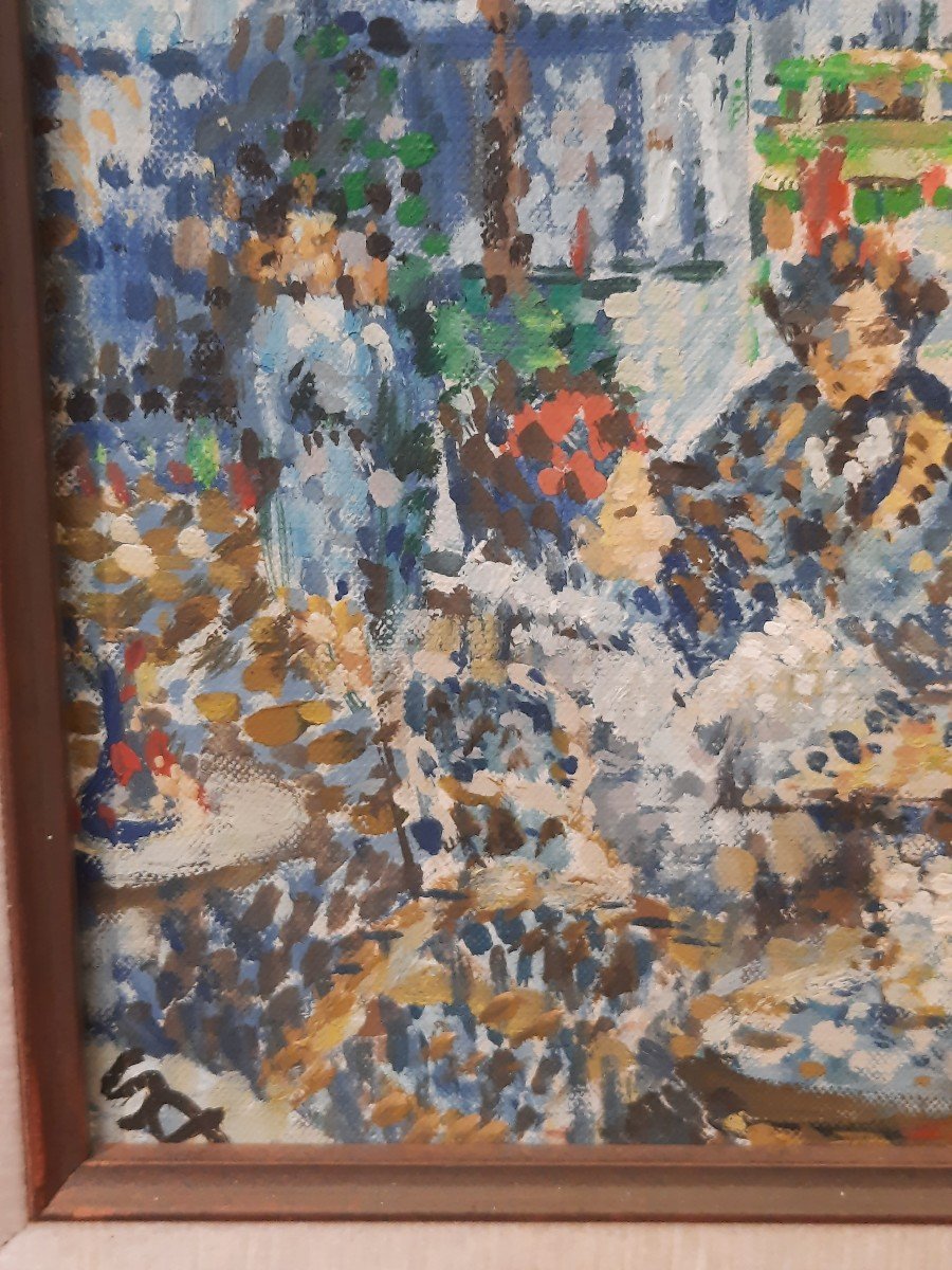 Huile Sur Panneau - A La Terrasse d'Un Café (xxe Siècle)-photo-2