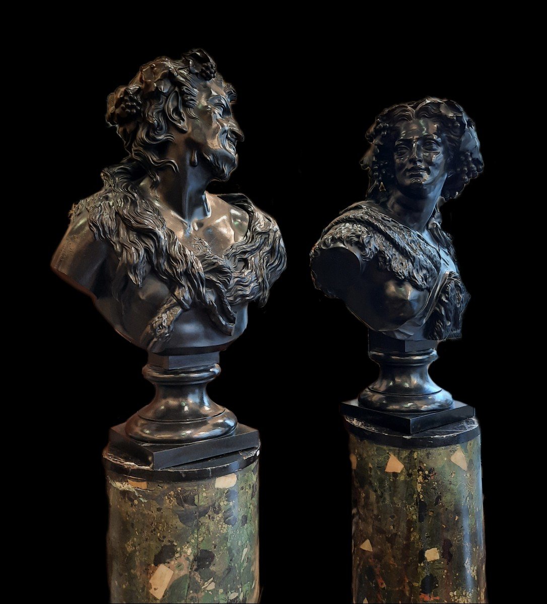 Jean-baptiste Auguste Clésinger (1814-1883) - Pair Of Bronze Busts "fauna And Bacchante"