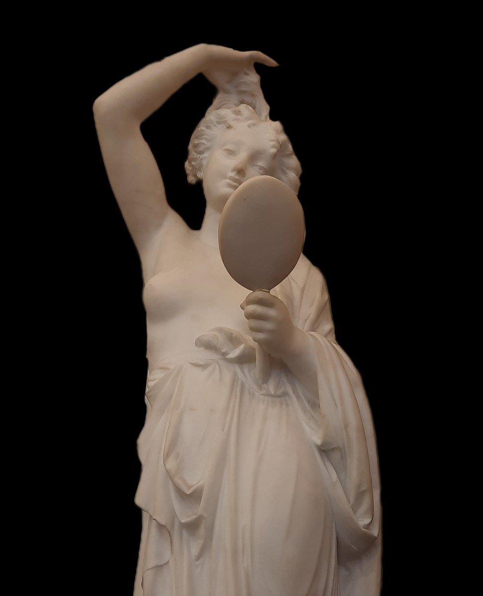 Marble Sculpture Woman With Mirror By Carrier B. (19th Century)-photo-4