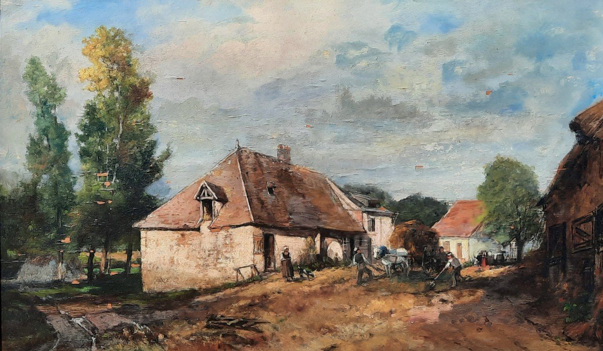 Louis Jean Jacottet (1843-1906) - Huile Sur Panneau - Scène Champêtre Au Village 