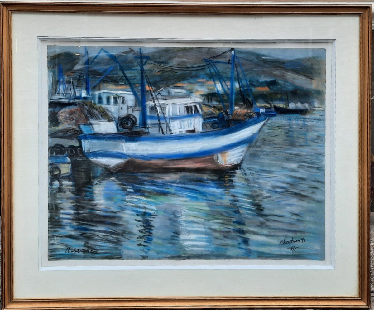 Pierre Chartron (?? - 2013) - Pastel On Paper - Trawler In The Water -photo-4