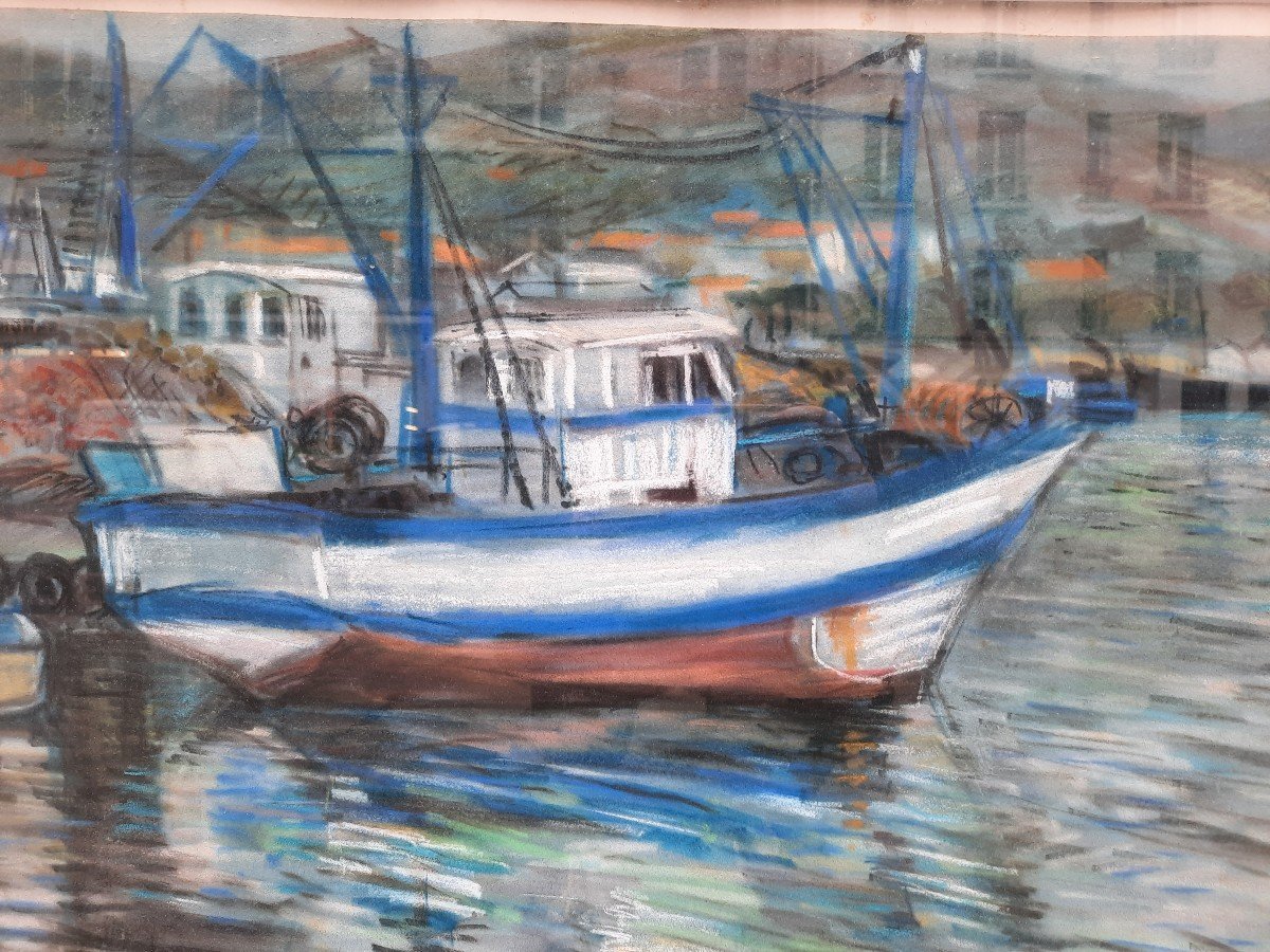 Pierre Chartron (?? - 2013) - Pastel On Paper - Trawler In The Water -photo-1