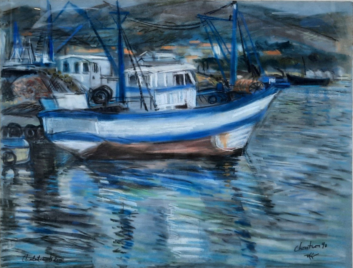 Pierre Chartron (?? - 2013) - Pastel On Paper - Trawler In The Water 