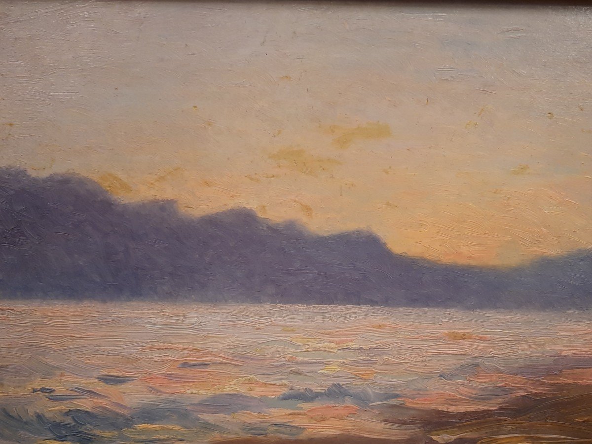 Oil On Wood - Sunset On The Sea (20th Century)-photo-2