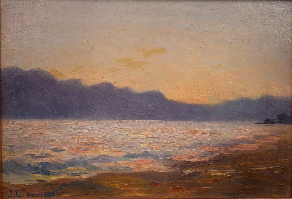 Oil On Wood - Sunset On The Sea (20th Century)