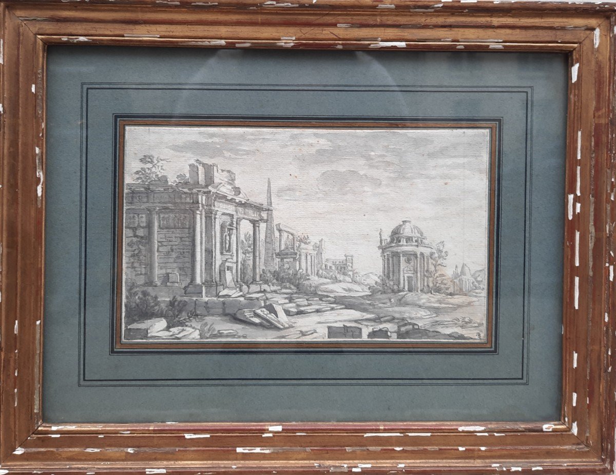 Wash Drawing - Architectural Cappricio (19th Century)-photo-4