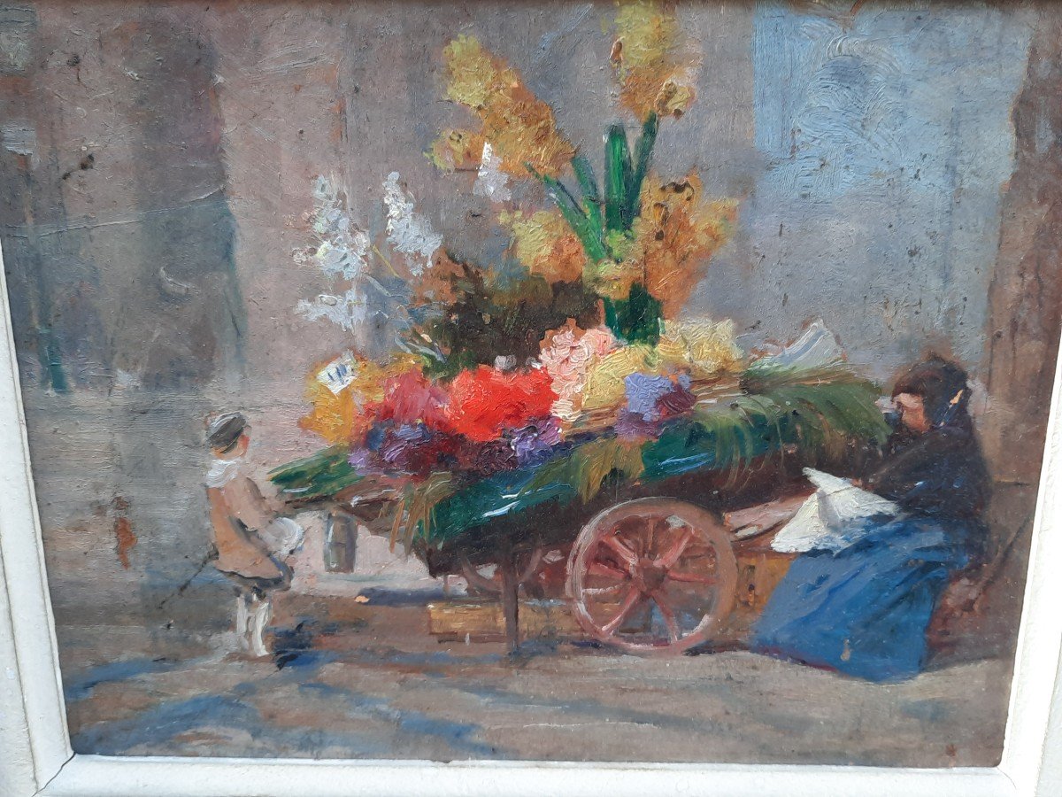 Huile Sur Bois - Fleurs Dans Une Charette (xixe Siècle)-photo-2