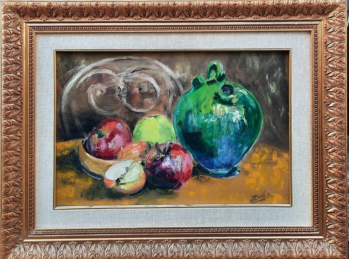 Huile Sur Toile - Nature Morte Au Pichet Vert (xxe Siècle)-photo-4