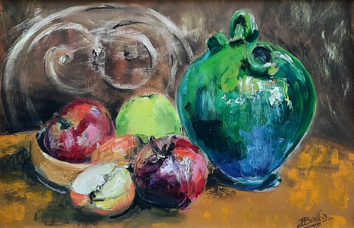 Huile Sur Toile - Nature Morte Au Pichet Vert (xxe Siècle)