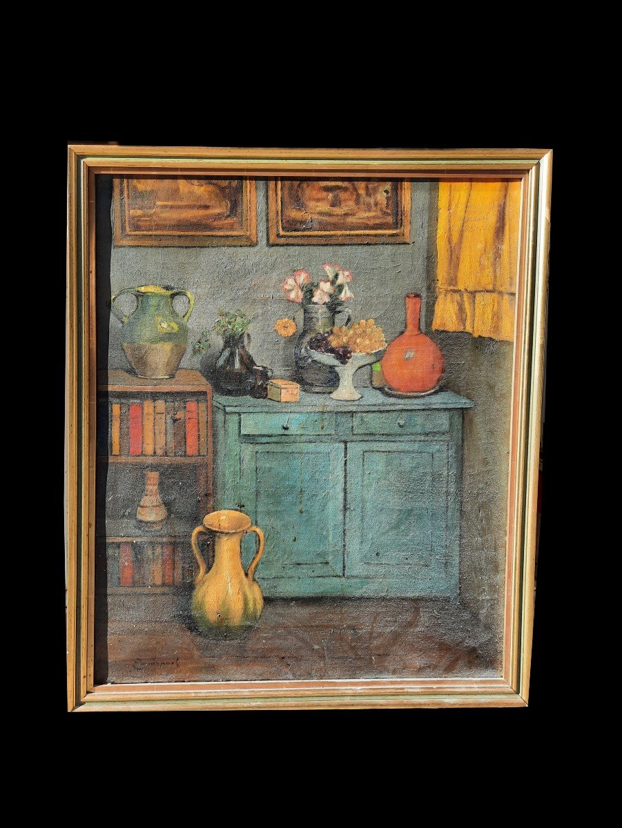 Oil On Canvas - Interior Scene - Cj Emmanuel (20th Century)-photo-4