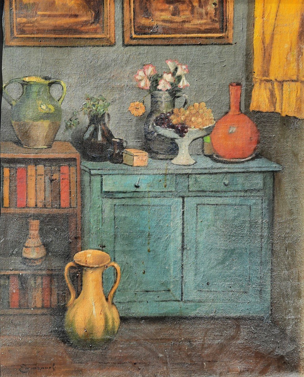 Oil On Canvas - Interior Scene - Cj Emmanuel (20th Century)