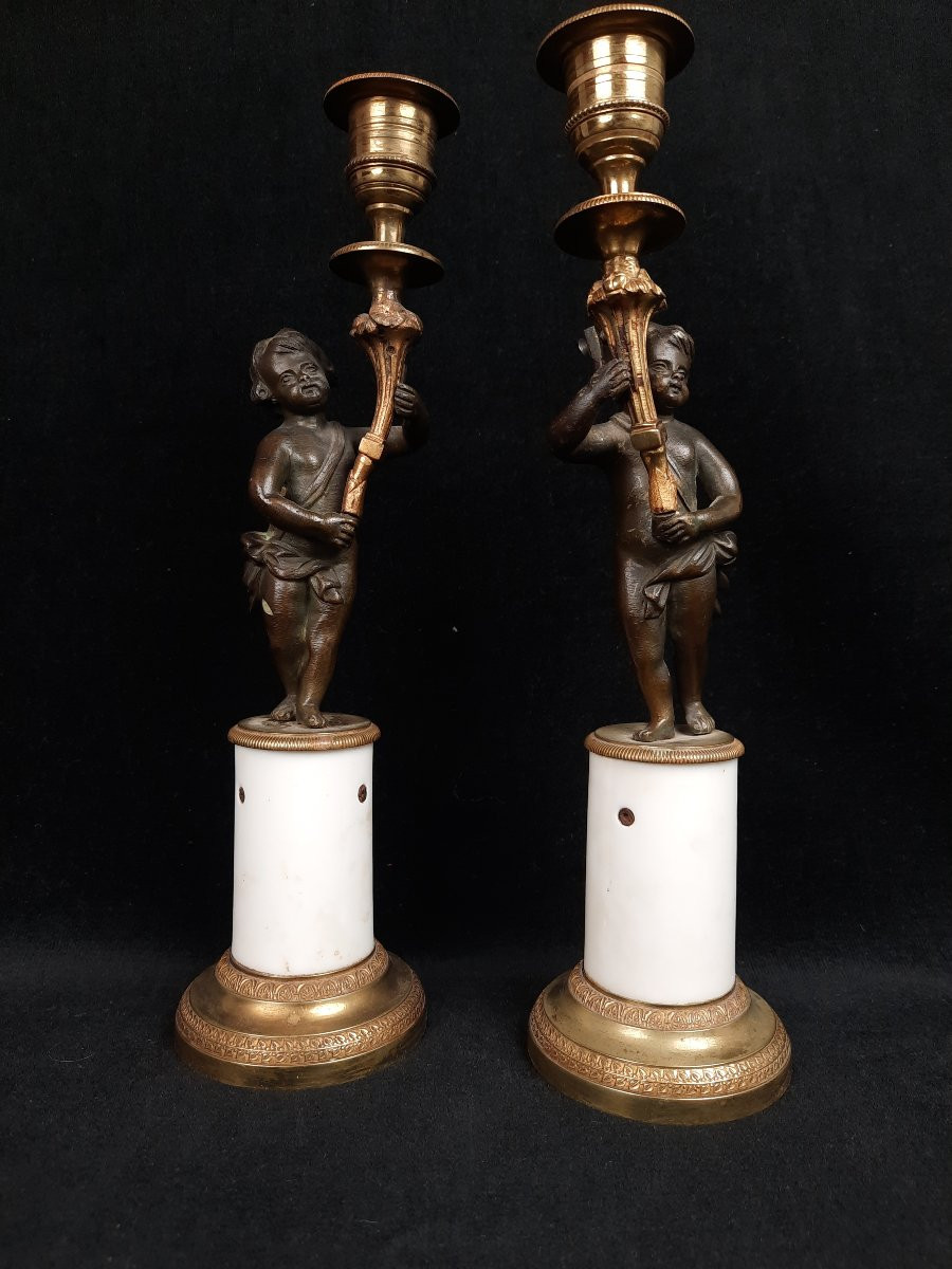 Pair Of Bronze And Marble Candlesticks -photo-2