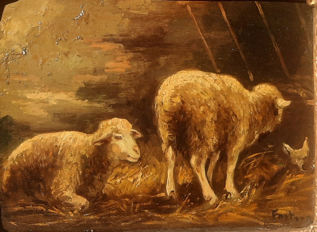 Pair Of Oils On Wood - Sheep - Fortier (20th Century)-photo-7