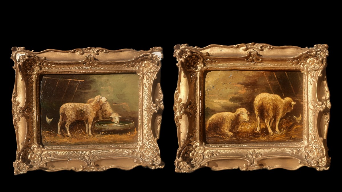 Pair Of Oils On Wood - Sheep - Fortier (20th Century)