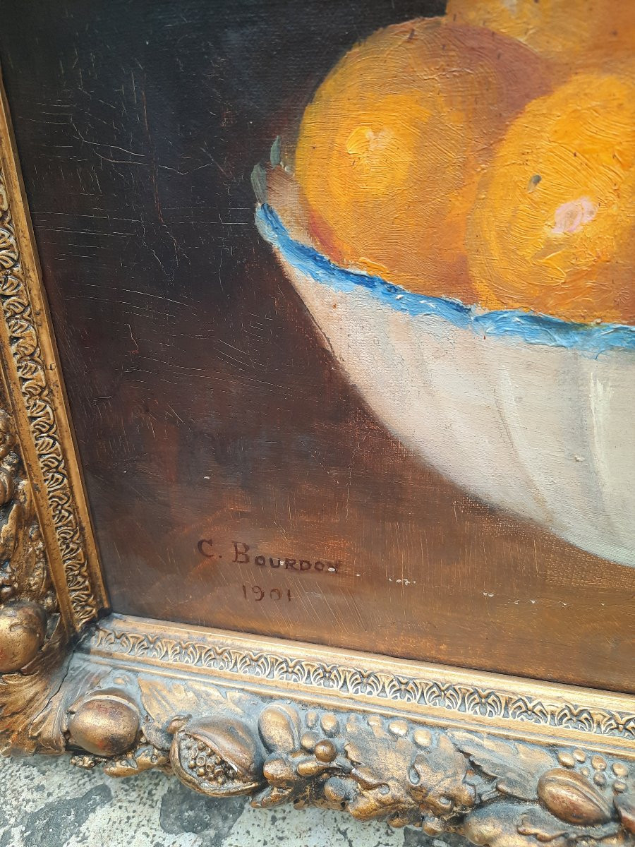 C. Bourdon - Huile Sur Toile - Nature Morte Aux Oranges -photo-1