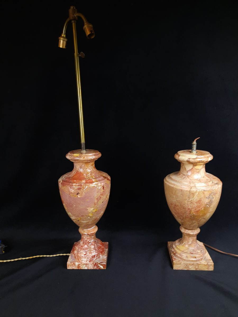 Pair Of Pink Marble Lamp Bases (20th Century)-photo-2