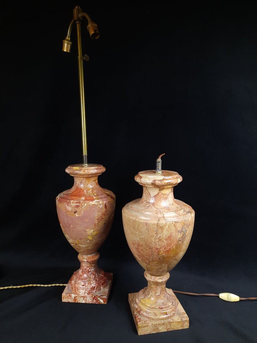 Pair Of Pink Marble Lamp Bases (20th Century)-photo-3