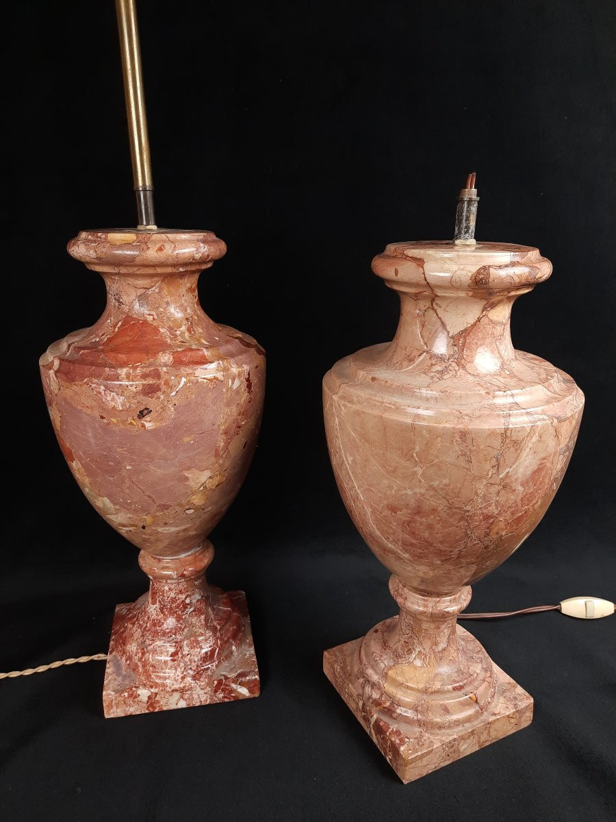 Pair Of Pink Marble Lamp Bases (20th Century)-photo-4