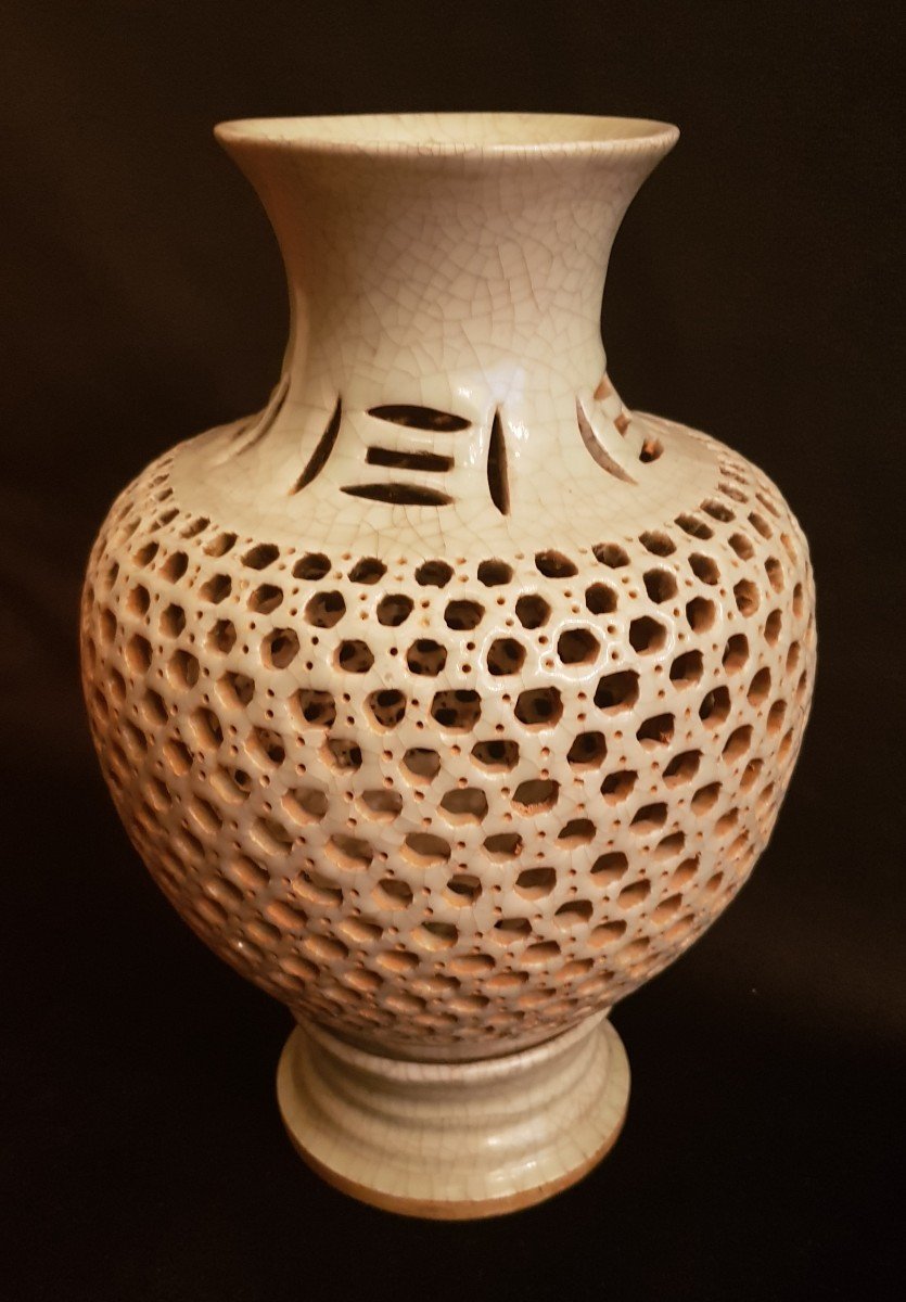 Celadon Green Openwork And Crackle Ceramic Vase - China-photo-2